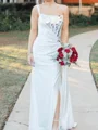Sheath Silk Like Satin One Shoulder Sleeveless Sweep Train Prom Dresses