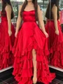 A-line Silk Like Satin Spaghetti Straps Sleeveless Court Train Prom Dresses