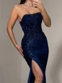 Sheath Straight Appliques Lace Sweep Train Silk Like Satin Corset Prom Dress