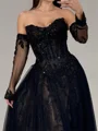 A-line Straight Long Sleeves Appliques Lace Sweep Train Tulle Corset Prom Dress
