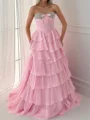 A-line Sweetheart Cascading Ruffles Sweep Train Chiffon Corset Prom Dress