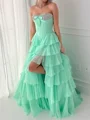 A-line Sweetheart Cascading Ruffles Sweep Train Chiffon Corset Prom Dress