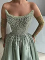 A-line Straight Long Sleeves Beading Floor-Length Silk Like Satin Corset Prom Dress