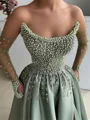 A-line Straight Long Sleeves Beading Floor-Length Silk Like Satin Corset Prom Dress
