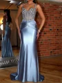 Sheath Straps Rhinestone Sweep Train Silk Like Satin Corset Prom Dress