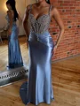 Sheath Straps Rhinestone Sweep Train Silk Like Satin Corset Prom Dress