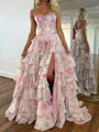 A-line Straight Cascading Ruffles Sweep Train Corset Prom Dress