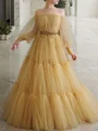 A-Line/Princess Off-the-Shoulder Floor-Length Tulle Prom Dresses With Beading