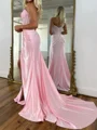Sheath Straight Pleated Court Train Silk Like Satin Corset Prom Dress