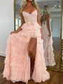 A-line Sweetheart Cascading Ruffles Sweep Train 30D Chiffon Corset Prom Dress