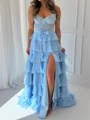 A-line Sweetheart Cascading Ruffles Sweep Train 30D Chiffon Corset Prom Dress