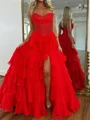 A-line Sweetheart Cascading Ruffles Sweep Train Chiffon Corset Prom Dress