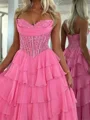 A-line Sweetheart Cascading Ruffles Sweep Train Chiffon Corset Prom Dress
