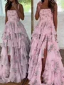 A-line Square Cascading Ruffles Sweep Train Corset Prom Dress