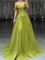 A-line Off-the-Shoulder Appliques Lace Sweep Train Tulle Corset Prom Dress