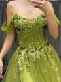 A-line Off-the-Shoulder Appliques Lace Sweep Train Tulle Corset Prom Dress