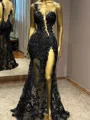 Sheath One-Shoulder Appliques Lace Floor-Length Tulle Prom Dress