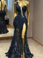 Sheath One-Shoulder Appliques Lace Floor-Length Tulle Prom Dress