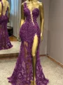 Sheath One-Shoulder Appliques Lace Floor-Length Tulle Prom Dress