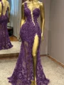 Sheath One-Shoulder Appliques Lace Floor-Length Tulle Prom Dress