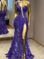 Sheath One-Shoulder Appliques Lace Floor-Length Tulle Prom Dress