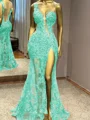 Sheath One-Shoulder Appliques Lace Floor-Length Tulle Prom Dress