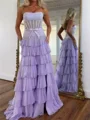 A-line Straight Cascading Ruffles Sweep Train Chiffon Corset Prom Dress