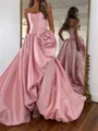 A-line Straight Flower Court Train Silk Like Satin Corset Prom Dress