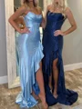 Sheath Straight Pleated Sweep Train Silk Like Satin Corset Prom Dress