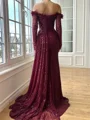 Sheath Off-the-Shoulder Long Sleeves Pleated Sweep Train Prom Dress