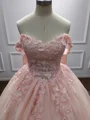 Ball-Gown Off-the-Shoulder Short Sleeves Appliques Lace Sweep Train Tulle Corset Prom Dress