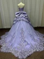 Ball-Gown Sweetheart Appliques Lace Chapel Train Tulle Corset Prom Dress