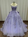 Ball-Gown Sweetheart Appliques Lace Chapel Train Tulle Corset Prom Dress