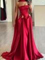 A-line Straight Pleated Sweep Train Silk Like Satin Corset Prom Dress
