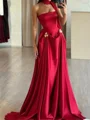 A-line Straight Pleated Sweep Train Silk Like Satin Corset Prom Dress