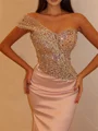 Sheath One-Shoulder Beading Floor-Length Silk Like Satin Corset Prom Dress