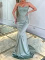 Sheath Straight Beading Sweep Train Silk Like Satin Corset Prom Dress