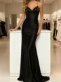 Sheath V-neck Appliques Lace Sweep Train Silk Like Satin Corset Prom Dress