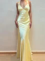 Sheath V-neck Pleated Floor-Length Silk Like Satin Corset Prom Dress