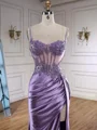 Sheath Spaghetti Straps Appliques Lace Sweep Train Silk Like Satin Corset Prom Dress