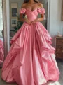 A-line Off-the-Shoulder Ruffles Floor-Length Satin Corset Prom Dress