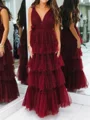 A-line V-neck Cascading Ruffles Floor-Length Tulle Prom Dress