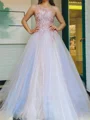 A-line One-Shoulder Appliques Lace Floor-Length Tulle Prom Dress