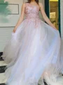 A-line One-Shoulder Appliques Lace Floor-Length Tulle Prom Dress