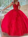 Ball-Gown V-neck Appliques Lace Floor-Length Tulle Corset Prom Dress
