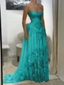 A-line Sweetheart Appliques Lace Sweep Train Chiffon Corset Prom Dress