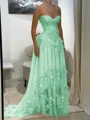 A-line Sweetheart Appliques Lace Sweep Train Chiffon Corset Prom Dress