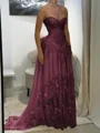 A-line Sweetheart Appliques Lace Sweep Train Chiffon Corset Prom Dress