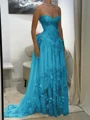 A-line Sweetheart Appliques Lace Sweep Train Chiffon Corset Prom Dress