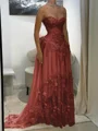 A-line Sweetheart Appliques Lace Sweep Train Chiffon Corset Prom Dress